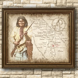 Pôster de arte rústico Geronimo Apache 1886 de mapa, nativos americanos Geronimo Apache de mapa de arte, decoração de parede, decoração, pôster, download instantâneo