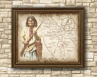 Póster de arte rústico de Geronimo Apache de 1886, decoración de mapas de nativos americanos Geronimo Apache, arte de pared, decoración, póster, descarga instantánea