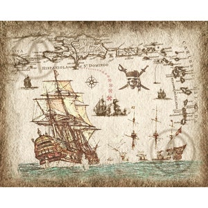 May include: A vintage-style map of the Caribbean with a pirate skull and crossbones, a compass, and several ships sailing on the ocean. The map is drawn on parchment paper with a brown and beige colour scheme.