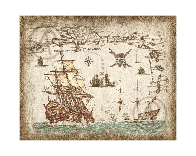 May include: A vintage-style map of the Caribbean with a pirate skull and crossbones, a compass, and several ships sailing on the ocean. The map is drawn on parchment paper with a brown and beige colour scheme.