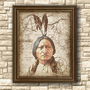 Rustic Native Americans Sitting Bull Art Poster of Map, Native Americans Sitting Bull of Sioux Map 1876, Wall Art, Poster, Digital Download