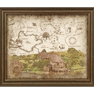 Hobbiton Mill rústico panorama arte del mapa, arte del paisaje del Señor del Anillo, decoración del arte del Señor del Anillo, descarga instantánea, decoración, arte de la pared