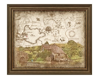 Hobbiton Mill Rustic Panorama Art of Map, Lord of the Ring Landscape Artwork, Lord of the Ring Art Decor, Instant Download, Decor, Wall Art