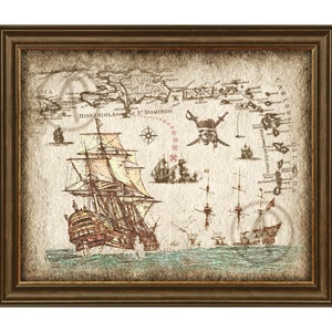May include: A vintage-style map of the Caribbean Sea with a pirate ship sailing on the water. The map is framed in a brown wooden frame and has a faded, antique look. The map includes the text "HISPANIOLA" and "ST. DOMINGO".