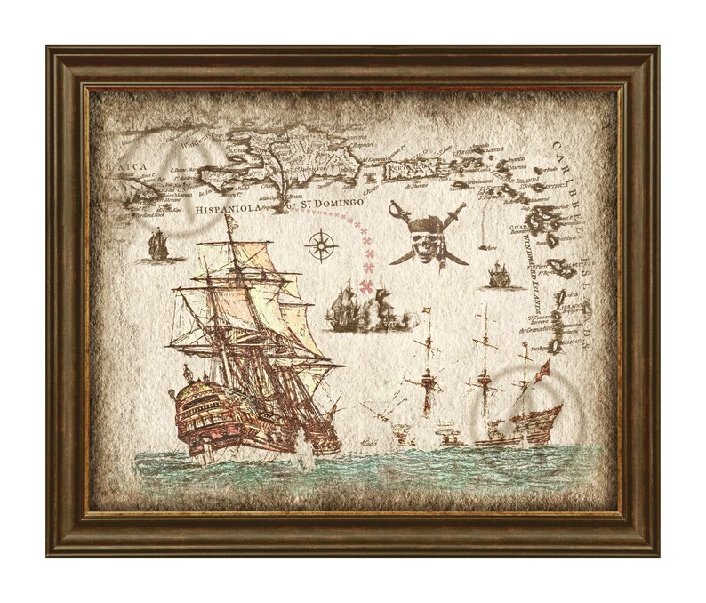 May include: A vintage-style map of the Caribbean Sea with a pirate ship sailing on the water. The map is framed in a brown wooden frame and has a faded, antique look. The map includes the text "HISPANIOLA" and "ST. DOMINGO".
