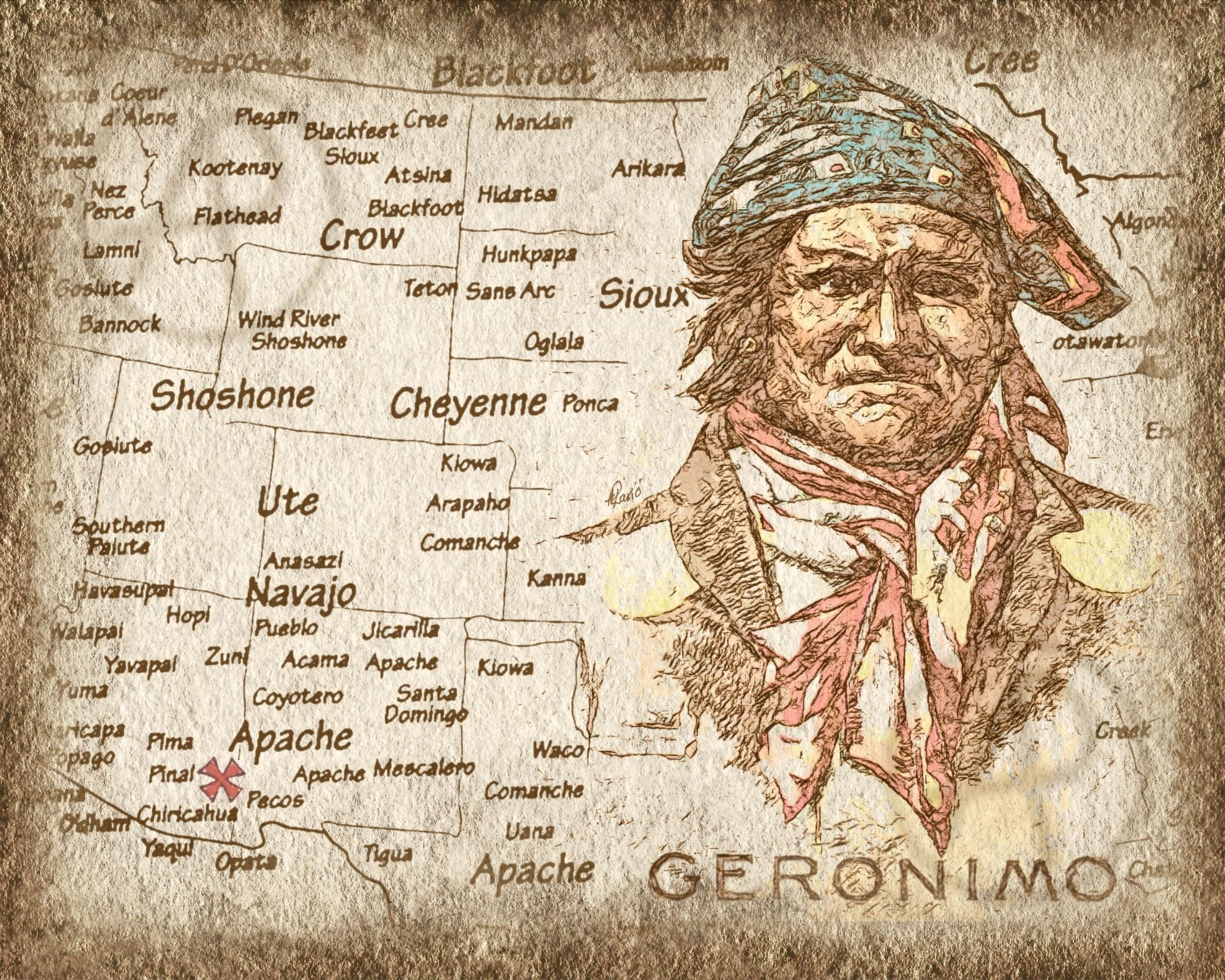 Geronimo Apache Printable Artwork Portrait of Old Map Art | Etsy