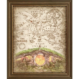 Cartaz de arte paisagística da casa dos Hobbits para download do mapa do condado, O Senhor dos Anéis, arte paisagística da casa dos Hobbits, arte de parede, pôster, download digital