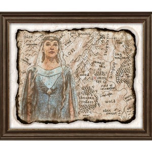 Arte mural con retrato de Galadriel en pergamino, mapa de Lorien y obra de arte con retrato de Galadriel de El Señor de los Anillos, descarga digital, arte mural, decoración