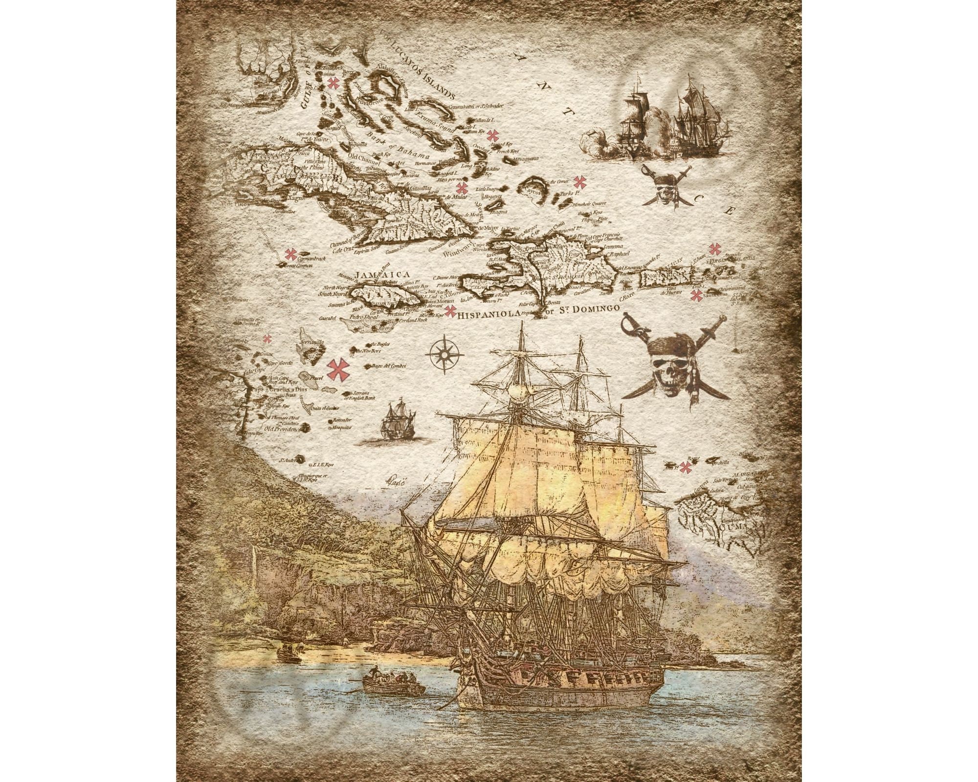 Pirates Ship Treasure Map of the Caribbean Art Decor, Pirates of the ...