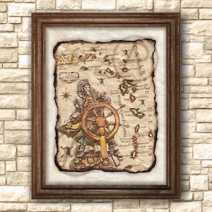 Mapa de pergamino con decoración artística de navegación pirata en el Caribe, mapa antiguo de piratas del Caribe, mapa antiguo del Caribe, arte de pared, decoración, descarga digital