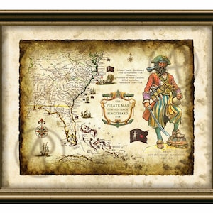 Arte pirata de Barbanegra: mapa de EE. UU. 1718, mapa antiguo de EE. UU., mapa pirata antiguo, arte imprimible de Barbanegra pirata, decoración, arte de pared, descarga digital