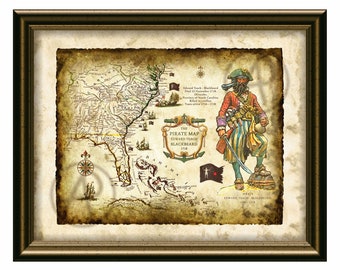 Blackbeard Pirate Art - USA Map 1718, Old Map USA, Antique Pirates Map, Pirate Blackbeard Printable Art, Decor, Wall Art, Digital Download
