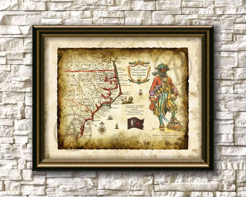 pirate blackbeard map of north carolina 1718 art decorold map etsy