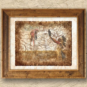 Póster de arte de oración de nativos americanos rústicos de mapa, mapa antiguo de EE. UU., mapa antiguo de EE. UU., arte de nativos americanos, decoración, arte de pared, descarga digital