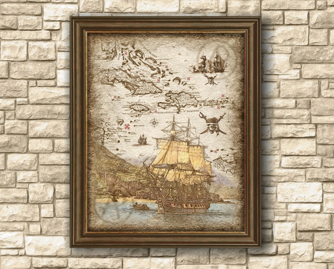 Pirates Ship Treasure Map of the Caribbean Art Decor, Pirates of the ...