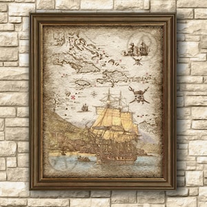 Carte au trésor du bateau pirate des Caraïbes, art déco, pirates des Caraïbes, carte au trésor du bateau pirate, art mural, déco, oeuvre d'art téléchargeable
