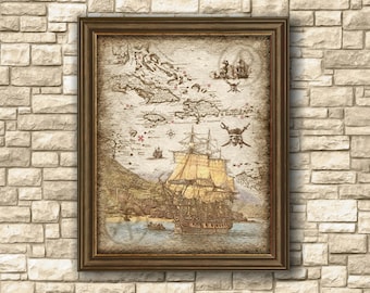 Mapa del tesoro del barco pirata del Caribe, arte decorativo, Piratas del Caribe, Mapa del tesoro del barco pirata, Arte de pared, Decoración, Arte descargable