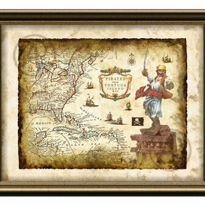 Piratas de la Isla Tortuga Decoración Mapa Arte Decoración, Arte Imprimible Pirata, Pirata del Caribe, Arte de pared, Decoración, Descarga Instantánea