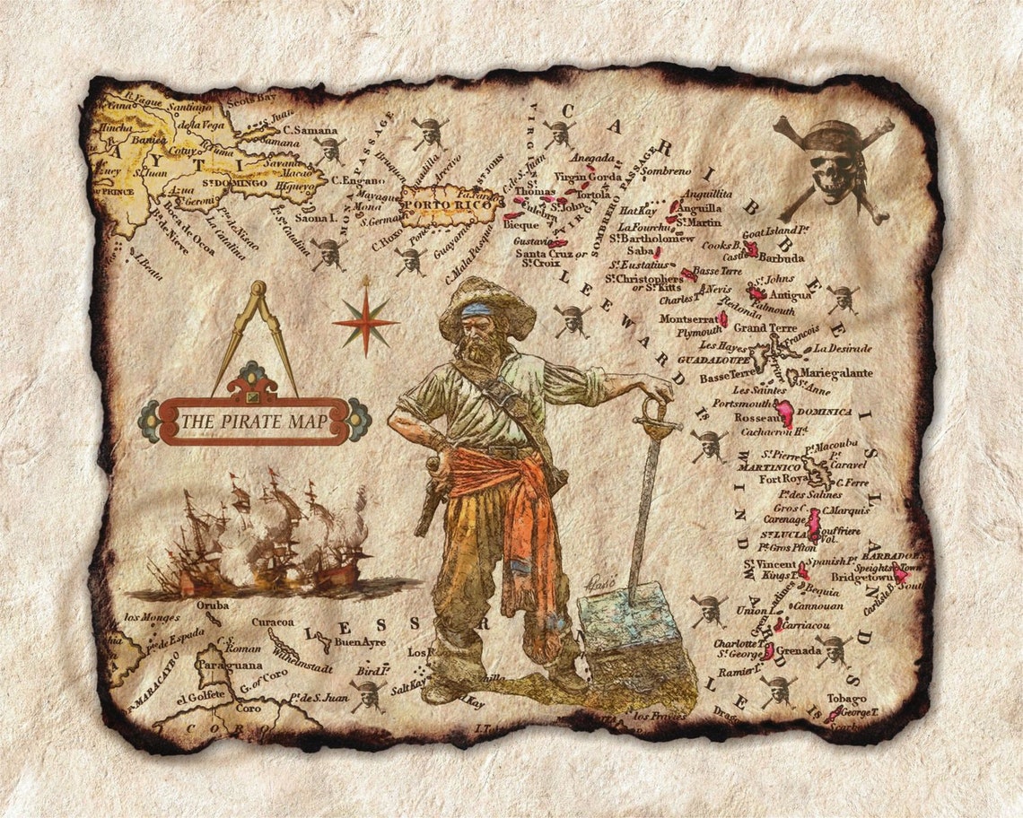 Old Treasure Pirate Map Art of Caribbean IslandAntique Map Etsy