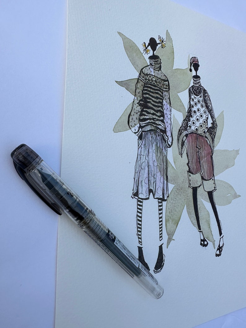 Original Art Work Fashion Illustration Mix Media Watercolor Ink Markers ...