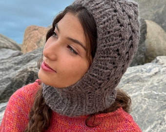 PDF knitting pattern for trendy balaclava hat lace pattern chunky yarn