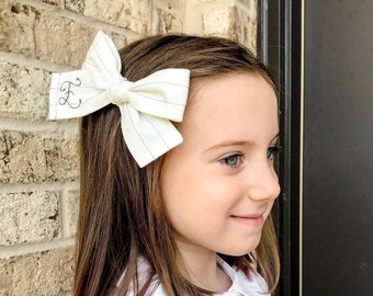 Back to school Hair Bows, Personalized Paper Design with embroidered letter, custom initial bow, Schoolgirl Hair clips