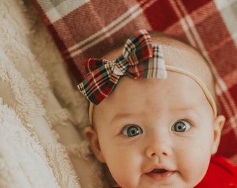 Christmas Plaid Bow, Tartan Plaid Red, White, and black baby bow, Siblings Christmas Hair Bows, Nylon Headband, Hair Clips, Vanaguelite