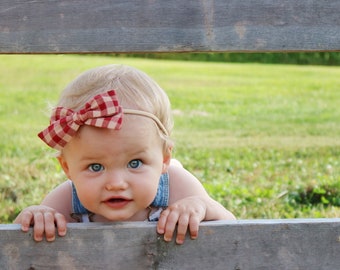 Baby girl Bow, Plaid Bow Rust and Beige, Nylon Headbands or Hair Clip, newborn headbands, Schoolgirl Bows