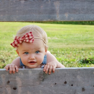 Baby girl Bow, Plaid Bow Rust and Beige, Nylon Headbands or Hair Clip, newborn headbands, Schoolgirl Bows