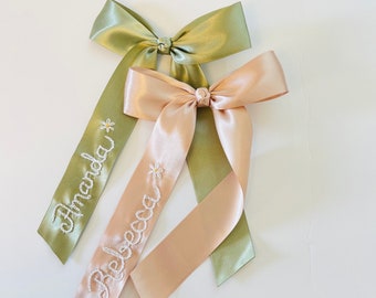 Personalized hair Bows hand embroidered name for Girls and Adults, Satin ribbon long tails hair bow