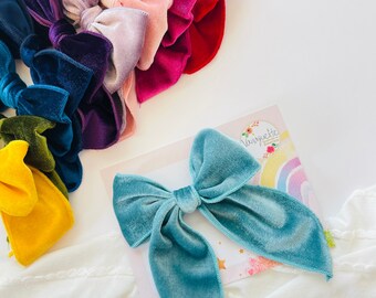 Velvet Hair Bows, Hair clips, Rainbow hair accessories, hair clips, Hot colors, 4 inches with long tails