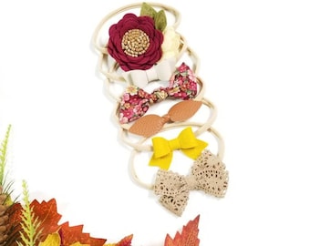 The Perfect Fall, Baby nylon headbands, Baby bows, floral headband, Maroon, Mustard, fall colors (Free Shipping)