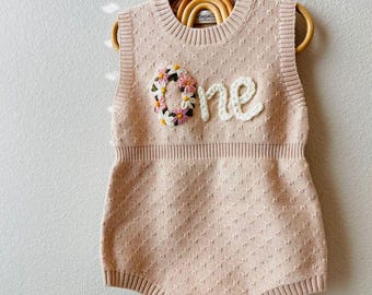 First birthday Romper Custom Hand Embroidered Personalized Knitted for Babies and toddlers