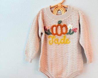 Fall Baby Girl Custom Bodysuit Sweater, Hand Embroidered Name Personalized Pumpkin Knit Romper for Babies