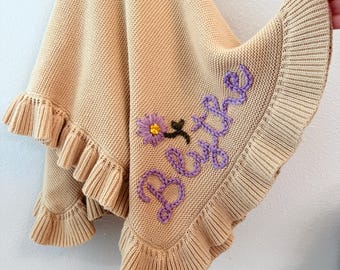 Baby Blanket with Custom Name Hand Embroidered Knit Swaddle for Newborn Baby