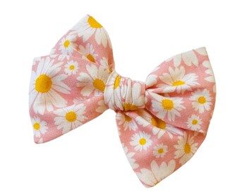 Daisies hair Bow, Daisies on pink baby bow, Nylon Headband or Hair Clip, Baby and Toddler hair clips