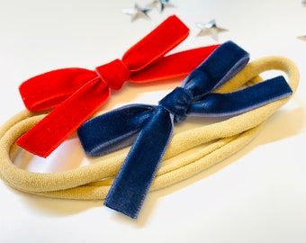 Baby headbands, skinny velvet bows Navy and Red, set of 2