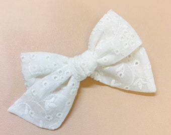 White eyelet Bow, schoolgirl Style, baby headband or hair clip, knot bow