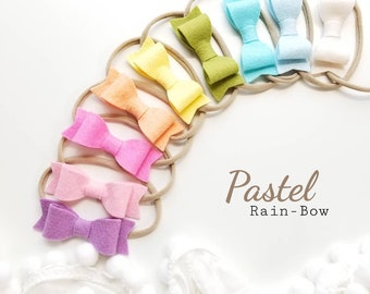 Baby Bows in Pastel Rainbow Colors (3in), Soft nylon headbands, baby girl gift set, vanaguelite