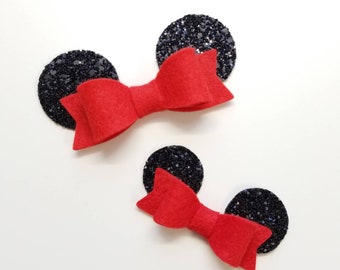 Baby mouse ears, Red bow, alligator clip or nylon headband, baby bows, Photo props