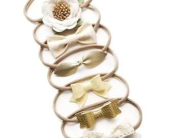 Adorable Neutral Colors Baby Bows Variety Pack for Stylish Little Ones, Baby bows Ivory and gold, newborn to toddler headbands
