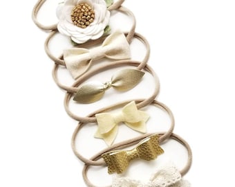 Neutral baby bows, The Perfect Neutrals, Baby bows Ivory and gold, newborn to toddler headbands