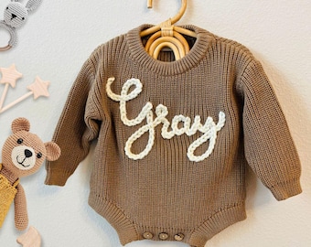 Custom Baby Name Bodysuit Sweater Hand Embroidered Personalized baby Knitted Romper, 100% Cotton, Trendy Gift for newborn boy