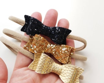 Baby headbands, gold and black Baby bows, Vegan Leather Mini Bows, set of 3 Handmade in USA