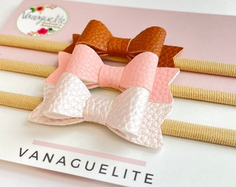 Baby Girl headbands, Infant Bows, Toddler Hair clips, Set of 3 vegan Leather Mini Bows