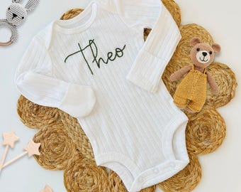 Custom Baby Bodysuit Hand-embroidered Cotton Ribbed long-sleeves, Baby Name Announcement, Going Home Baby Outfit, more colors