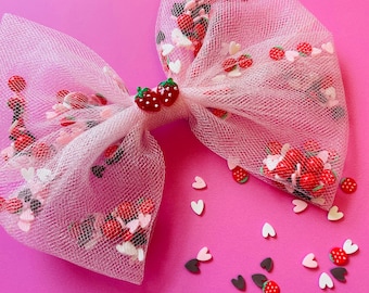 Strawberry Hair Bow, Berry sweet Tulle and Confetti Shaker, strawberries and hearts headband or hair clip