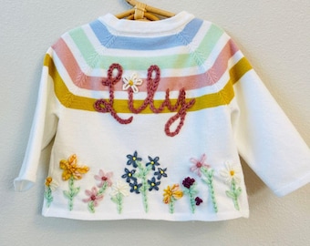 Custom Name Sweater for Baby Girl Toddler with Hand-Embroidered Wildflower Garden Design- Perfect Easter Gift