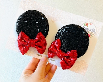 Mouse Ears Hair Clips, Minnie Pigtails set, Red Sequins Bow, Minni Birthday, Vacation Hair Clips