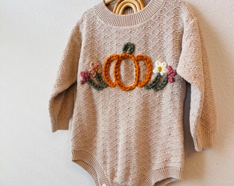 Fall Baby Girl Custom Bodysuit Sweater, Hand Embroidered Name Personalized Pumpkin Knit Romper for Babies